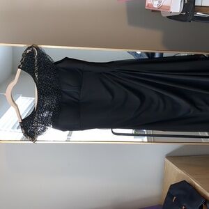 Xscape Black Maxi Dress with Lace Beaded Cap Neck And Sleeves